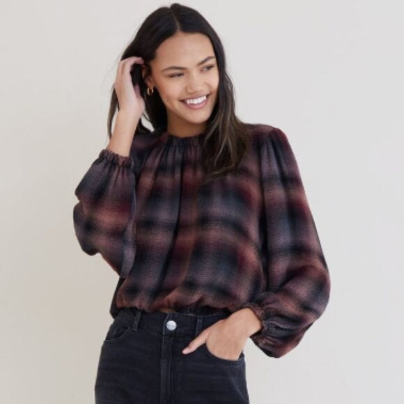 Bella Dahl Tops - Bella Dahl Top Smocked Boho Pullover Canyon Pucker Plaid Dark Academia Medium